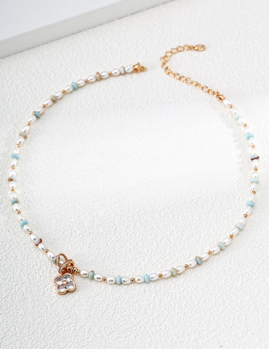 Pearl & Turquoise Floral Charm Necklace