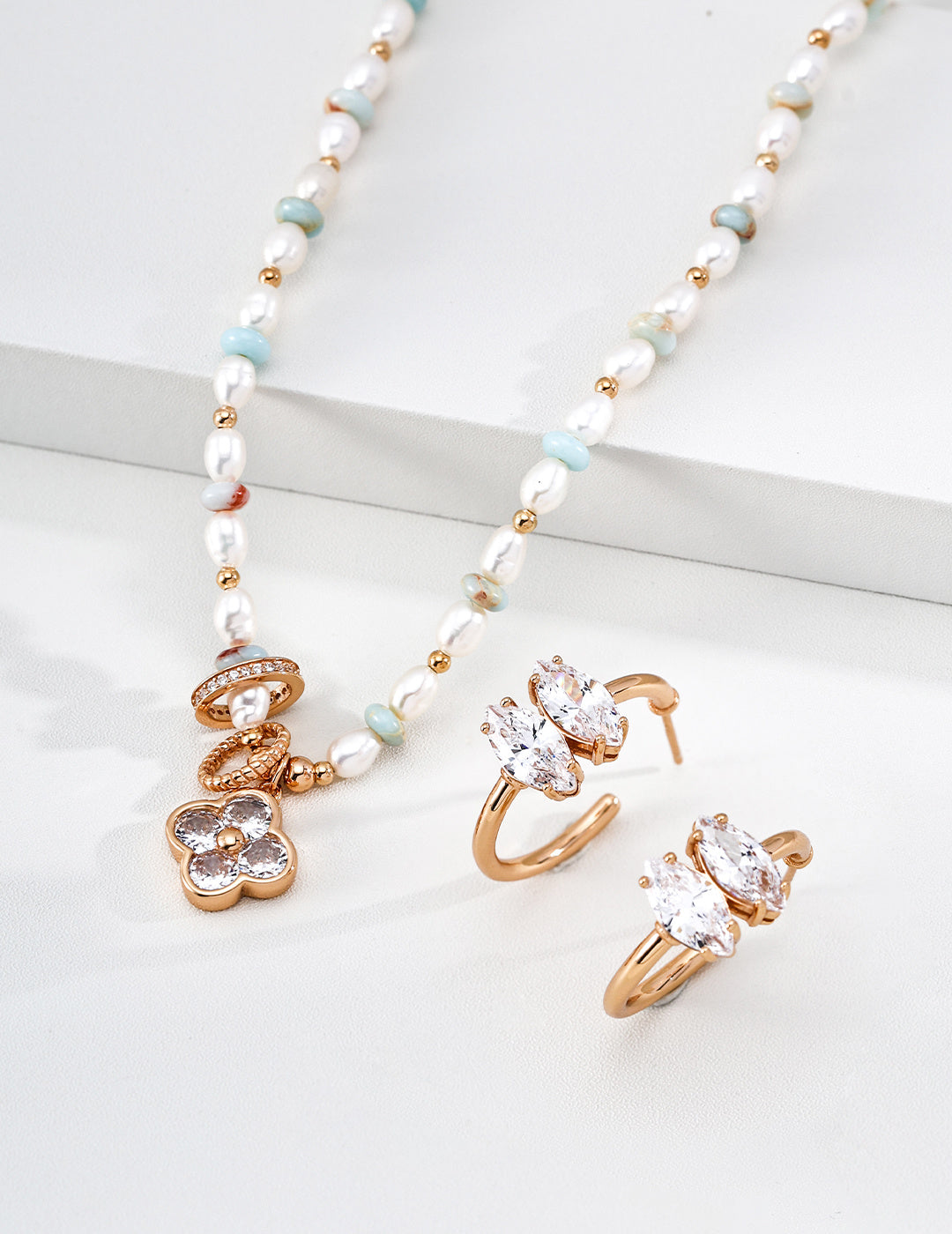 Pearl & Turquoise Floral Charm Necklace