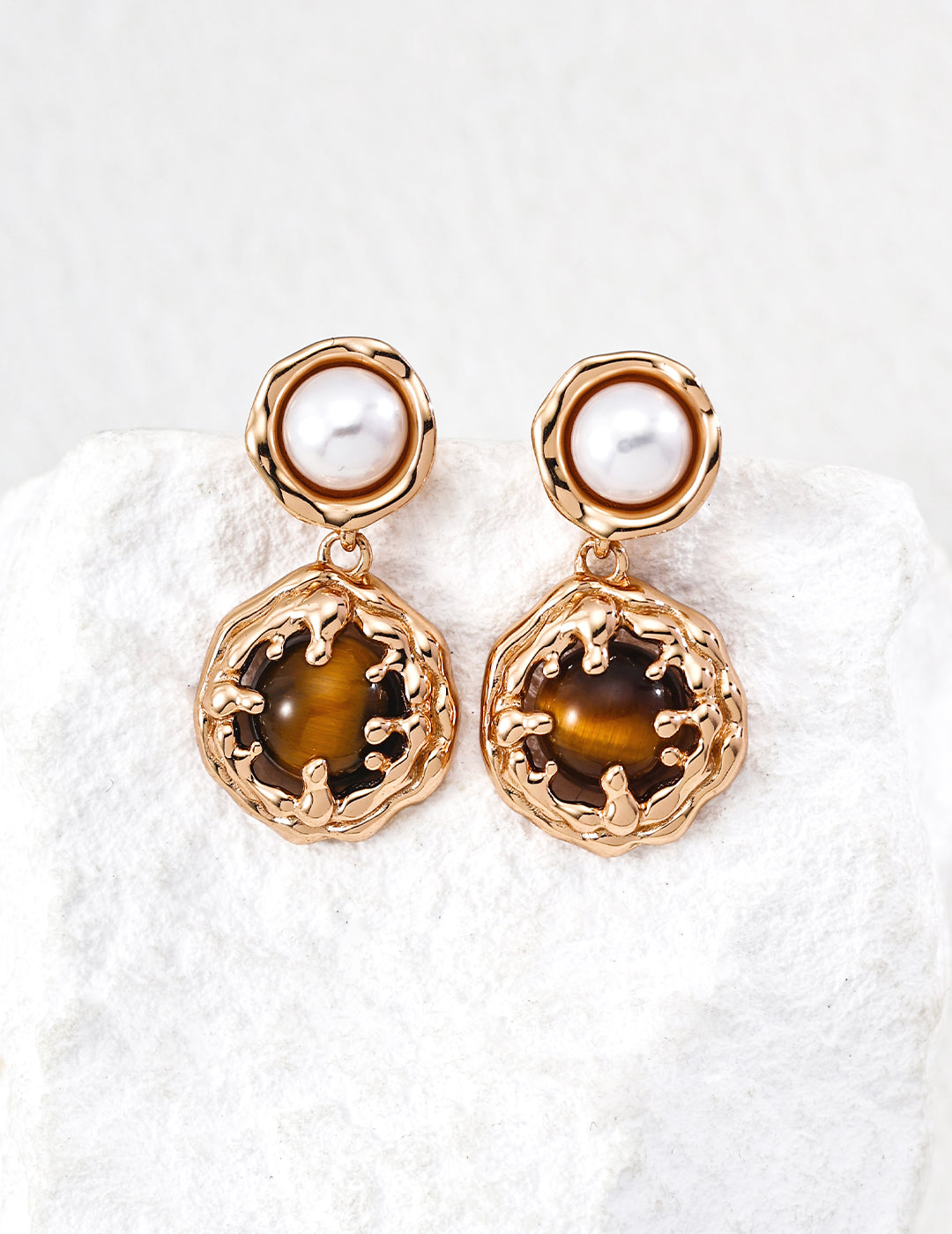Vintage Tiger Eye Pearl Drop Earrings